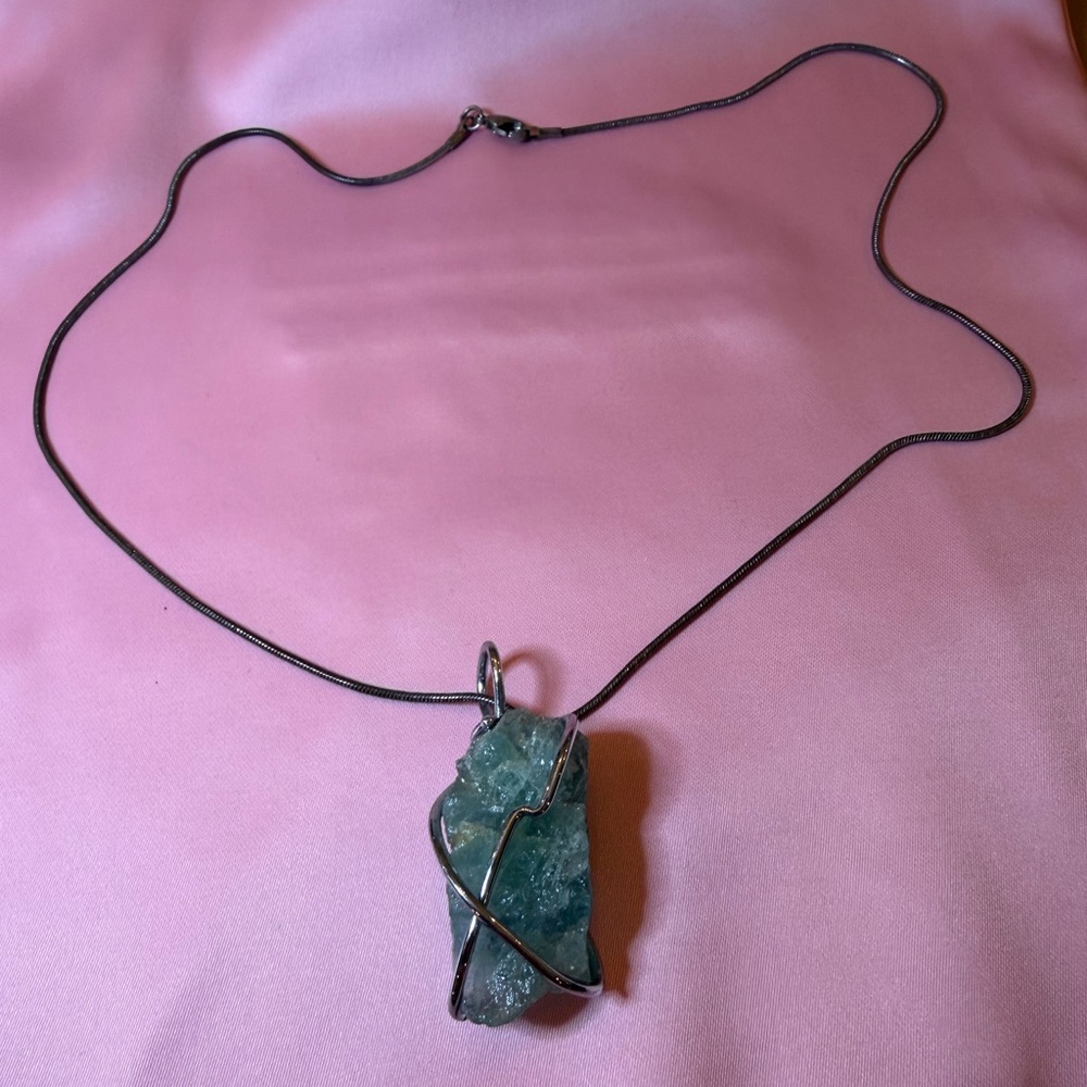 Raw Aquamarine Crystal Wire-Wrapped Pendant w/ Silver Necklace Chain - Picture 2 of 2